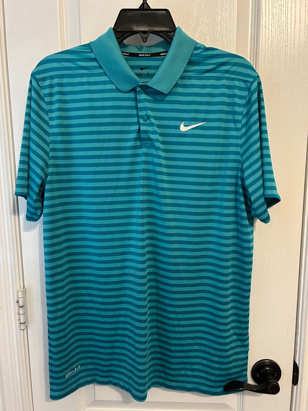 Nike Golf Dri Fit Green and Teal Striped Polo Medium